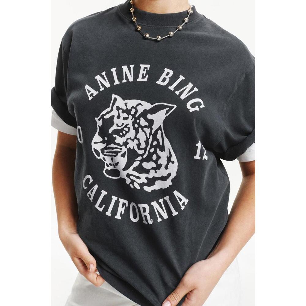 Anine Bing Black Leopard Collegiate Logo Tee Size L with Stains